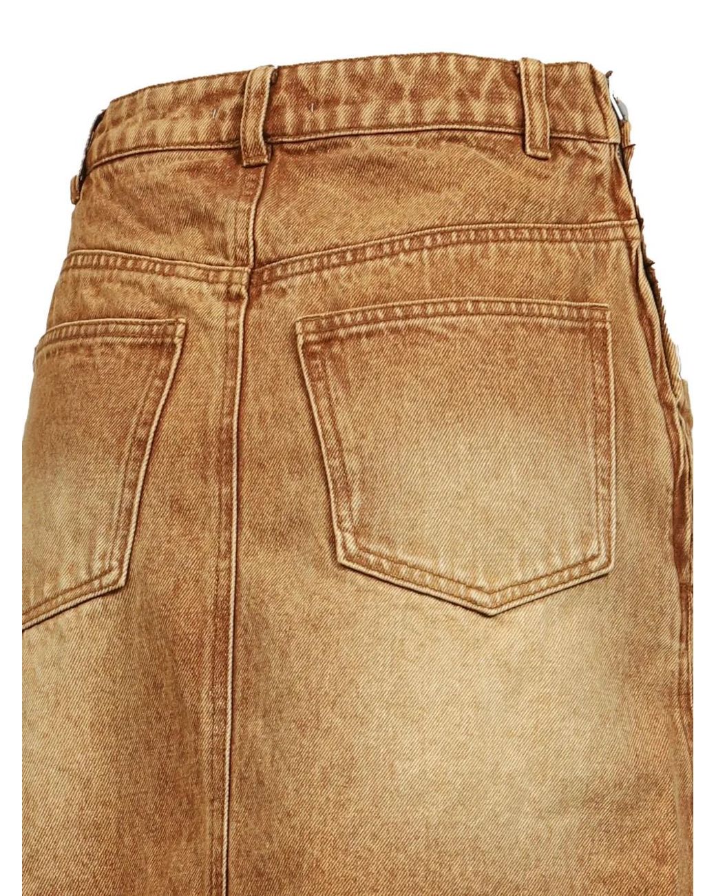 VIVAMUS Natural Asymmetric Frayed-Edge Midi Skirt