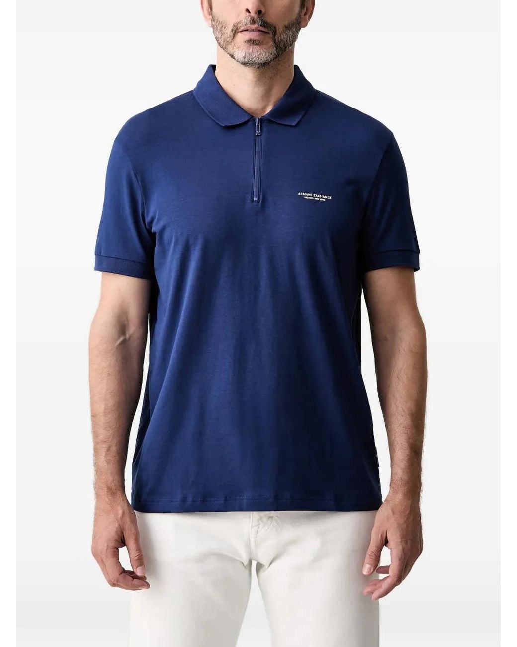 ARMANI EXCHANGE Blue Logo-Print Zip-Fastening Polo Shirt for men