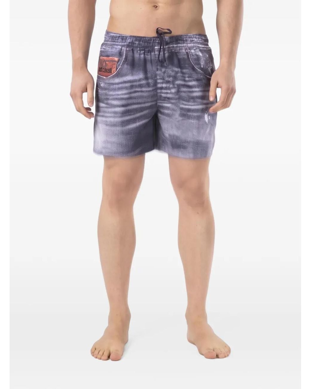 Just Cavalli Blue Denim-Print Swim Shorts for men