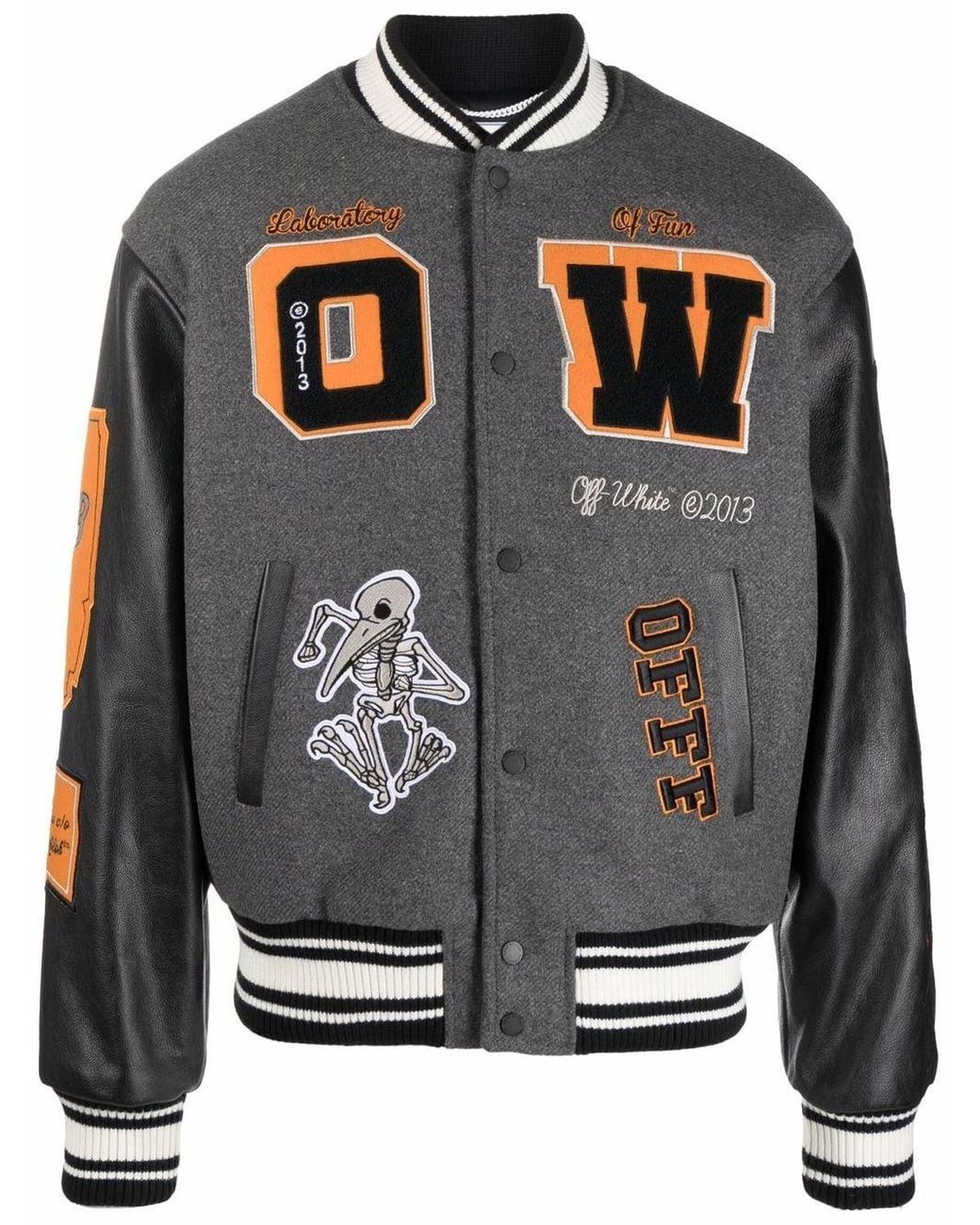 Off-White c/o Virgil Abloh Leather Varsity Jacket in Grey Off-White c/o Virgil Abloh Leather Varsity Jacket in Grey