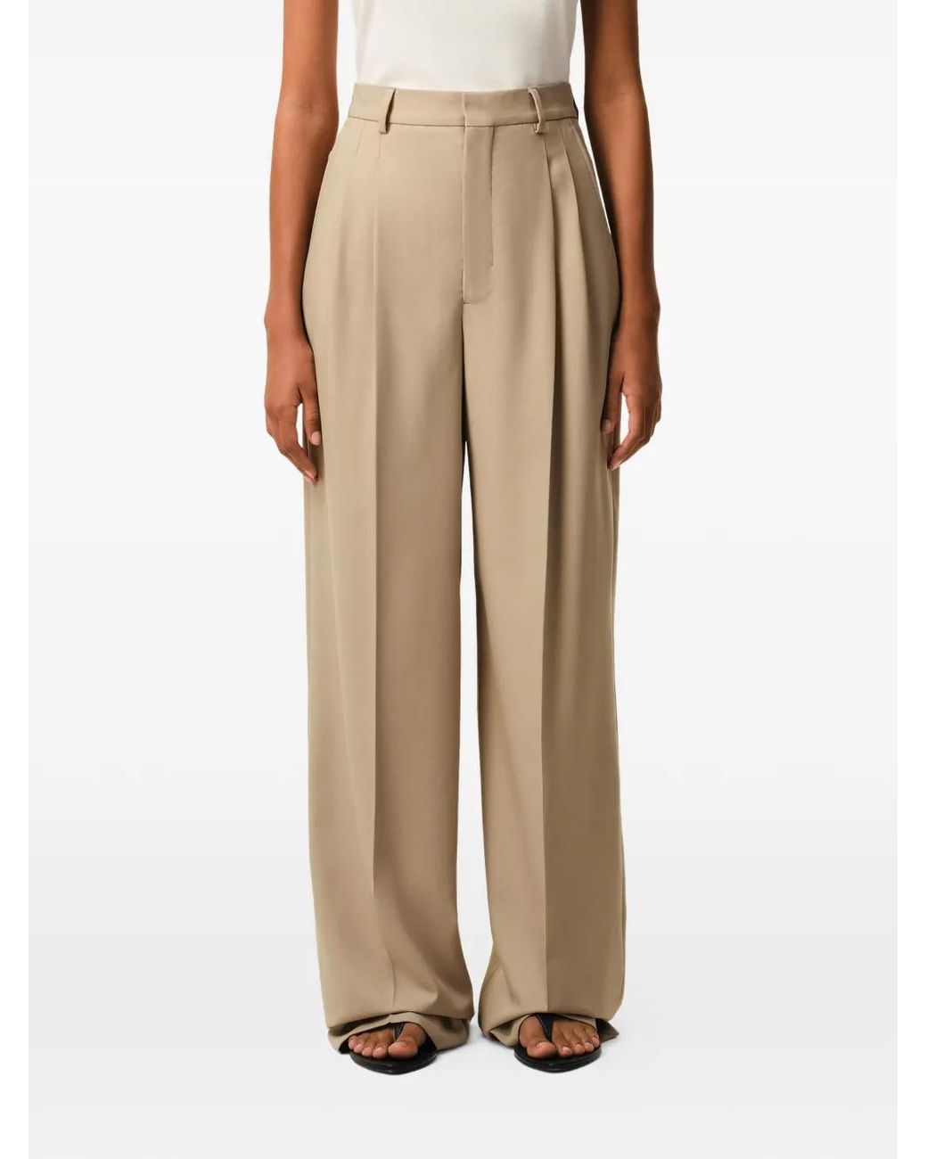 AMI Natural New Wool High Waist Wide Trousers With Two Pleats