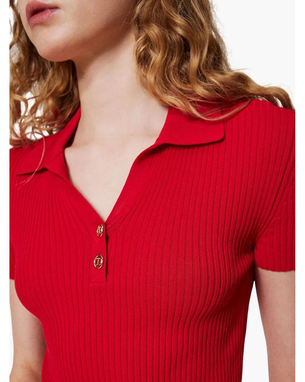 Twinset Red Fine Ribbed Polo Top