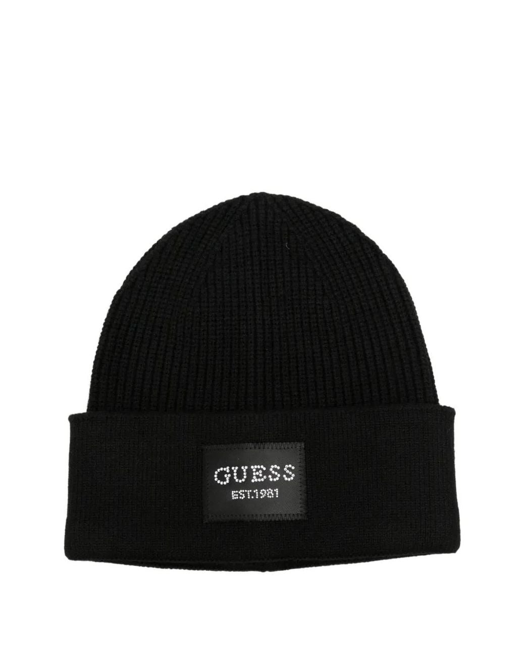 Guess Black Gerippte Beanie Mit Logo-Patch