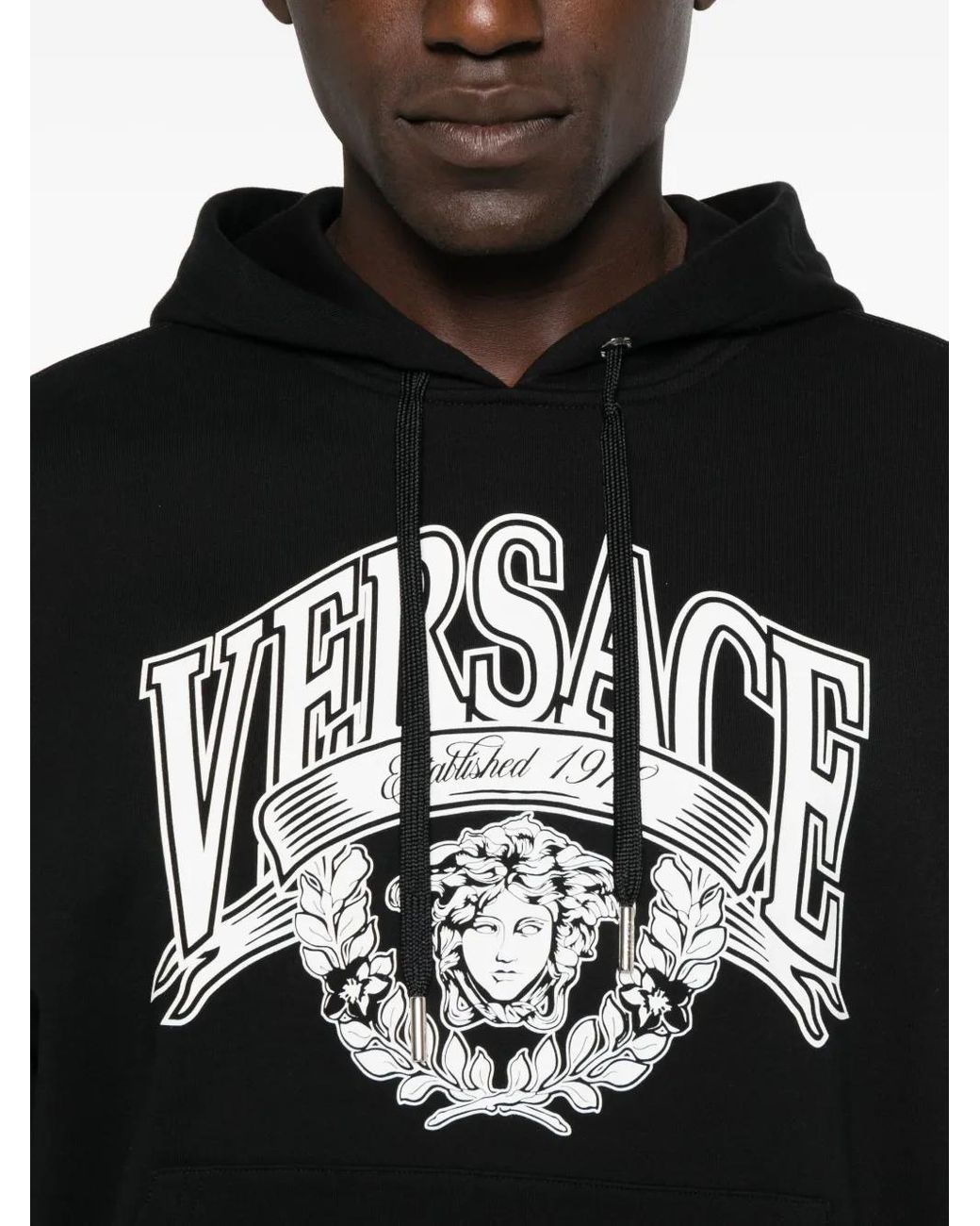 Versace Black Graphic Print Hoodie With Drawstring And Kangaroo Pocket for men