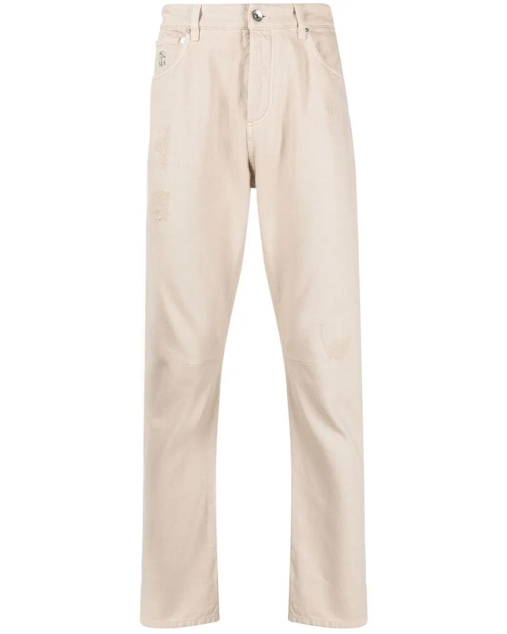 Brunello Cucinelli Natural Logo-Print Five-Pockets Straight-Leg Trousers for men