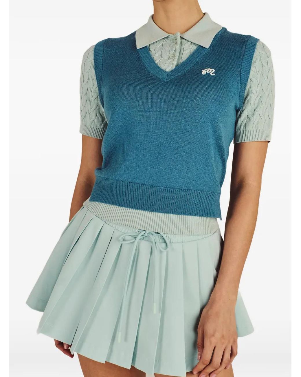 Malbon Golf Blue Veronica Cable-Knit Polo Shirt