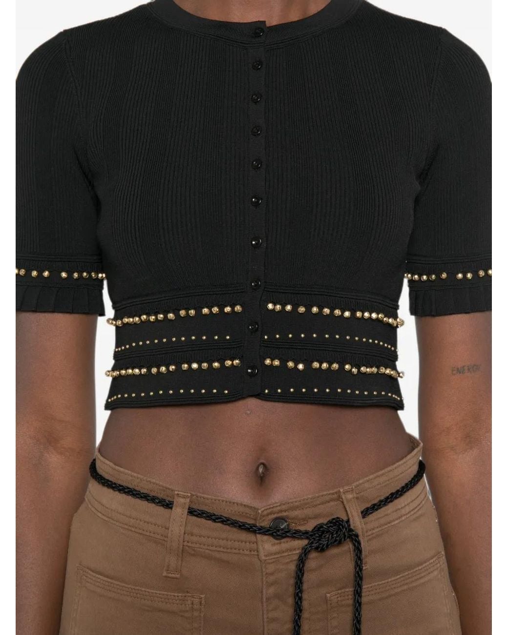 Sandro Black Stud-Embellished Ruffled-Cuff Cropped Cardigan