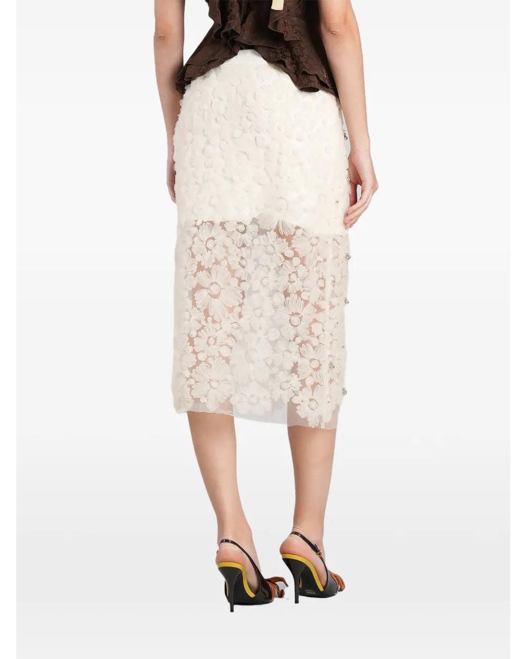 Siedres Natural Siam Floral-Appliqué Beaded Midi Skirt