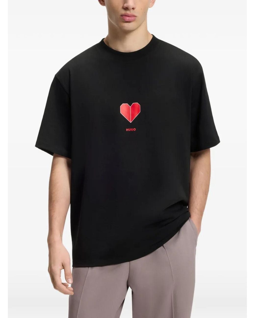 HUGO Black All-Gender Cotton-Jersey T-Shirt With Origami-Heart Prints
