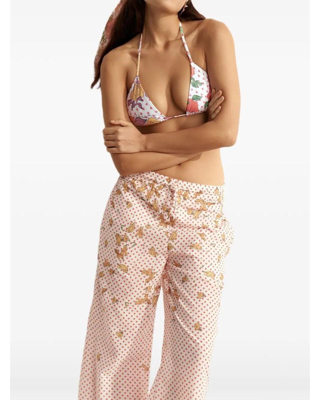 Donde Esteban Pink Bird-Print Drawstring Wide-Leg Trousers
