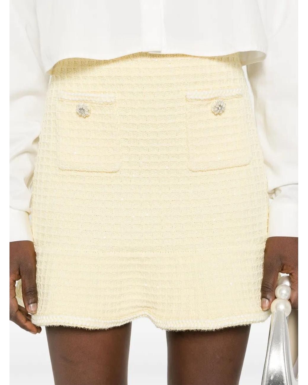 Self-Portrait Natural 'Knitted Mini Skirt With Jewel Buttons