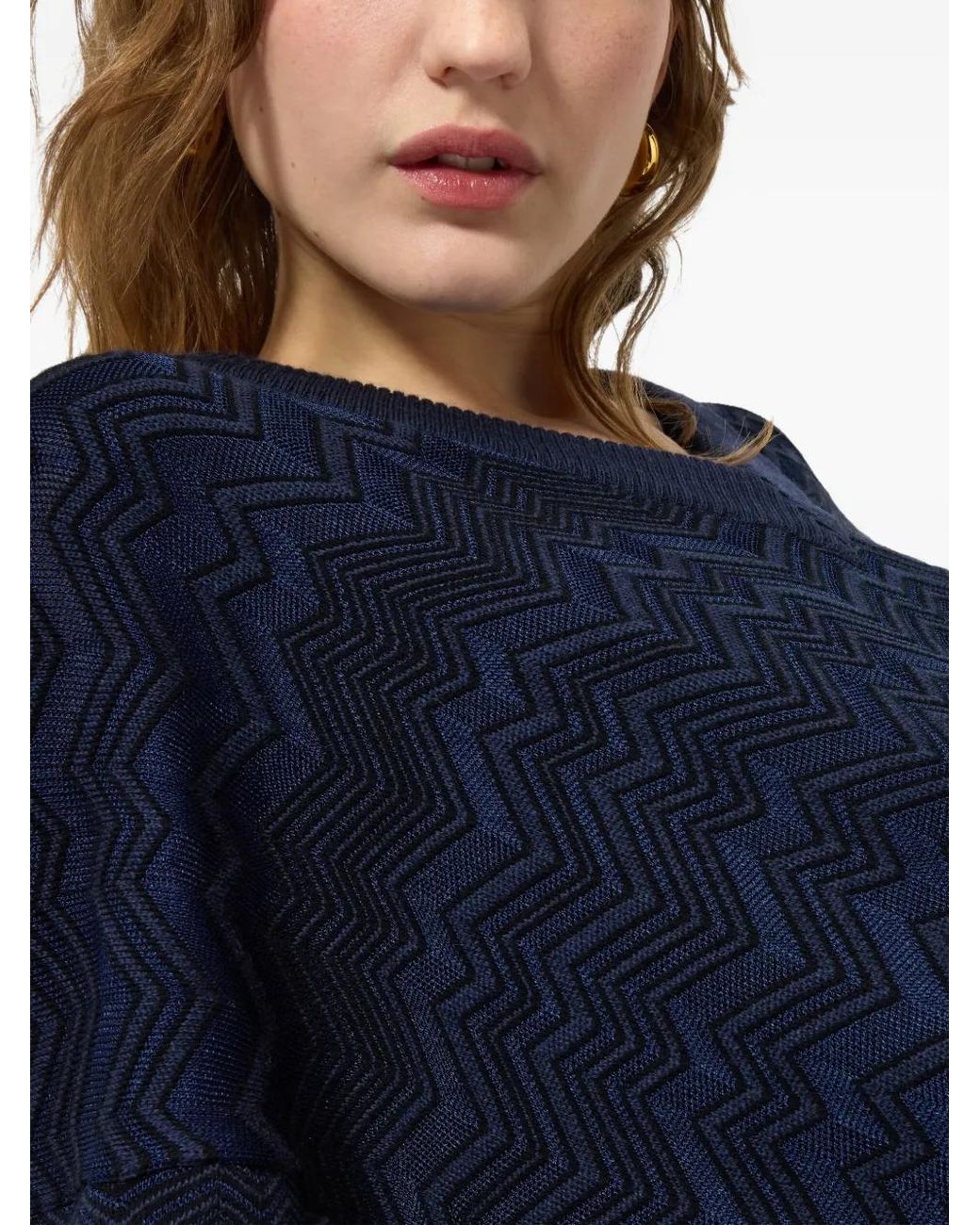 Missoni Blue Zig Zag Viscose And Wool V-Neck Sweater