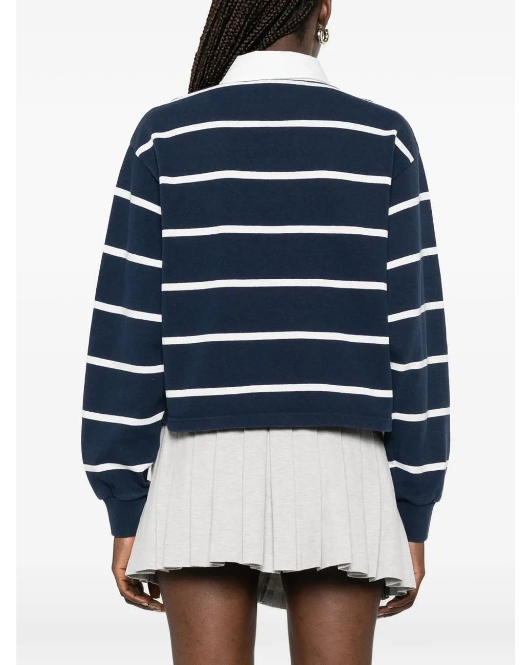 Sporty & Rich Blue Striped-Pattern Cropped Rugby Shirt