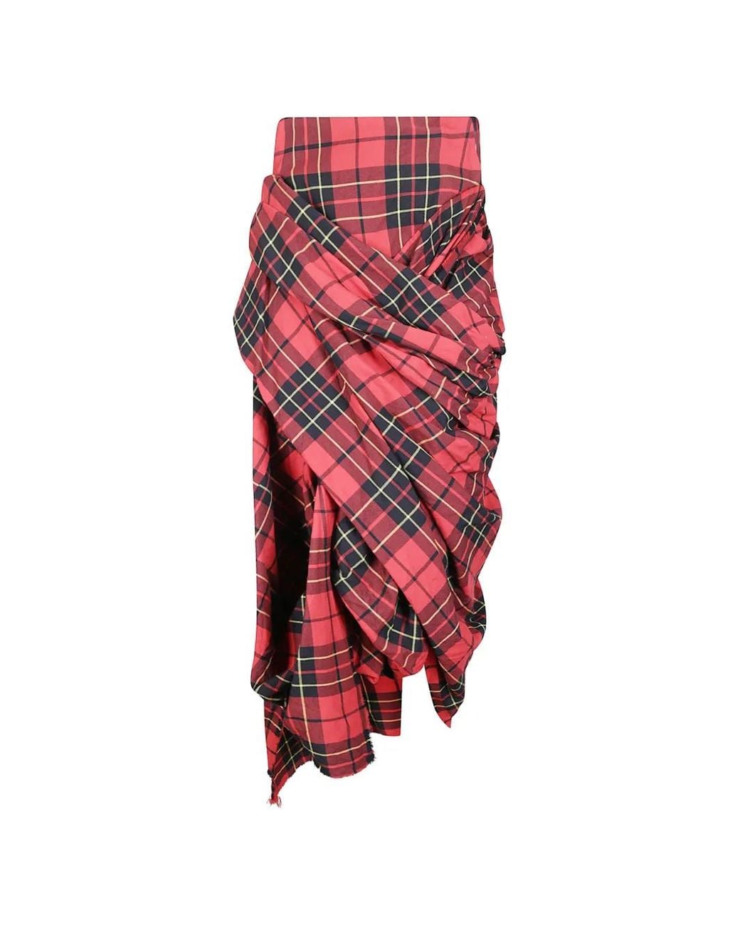 Limi Feu Red Tartan Draped Midi Skirt