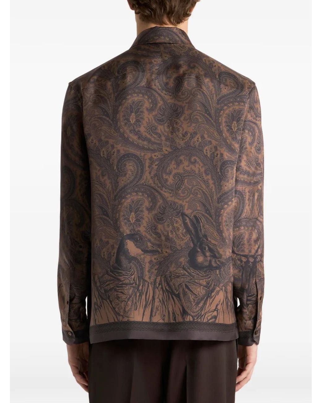 Etro Brown Silk Twill With Placed Paisley And Animal Print for men