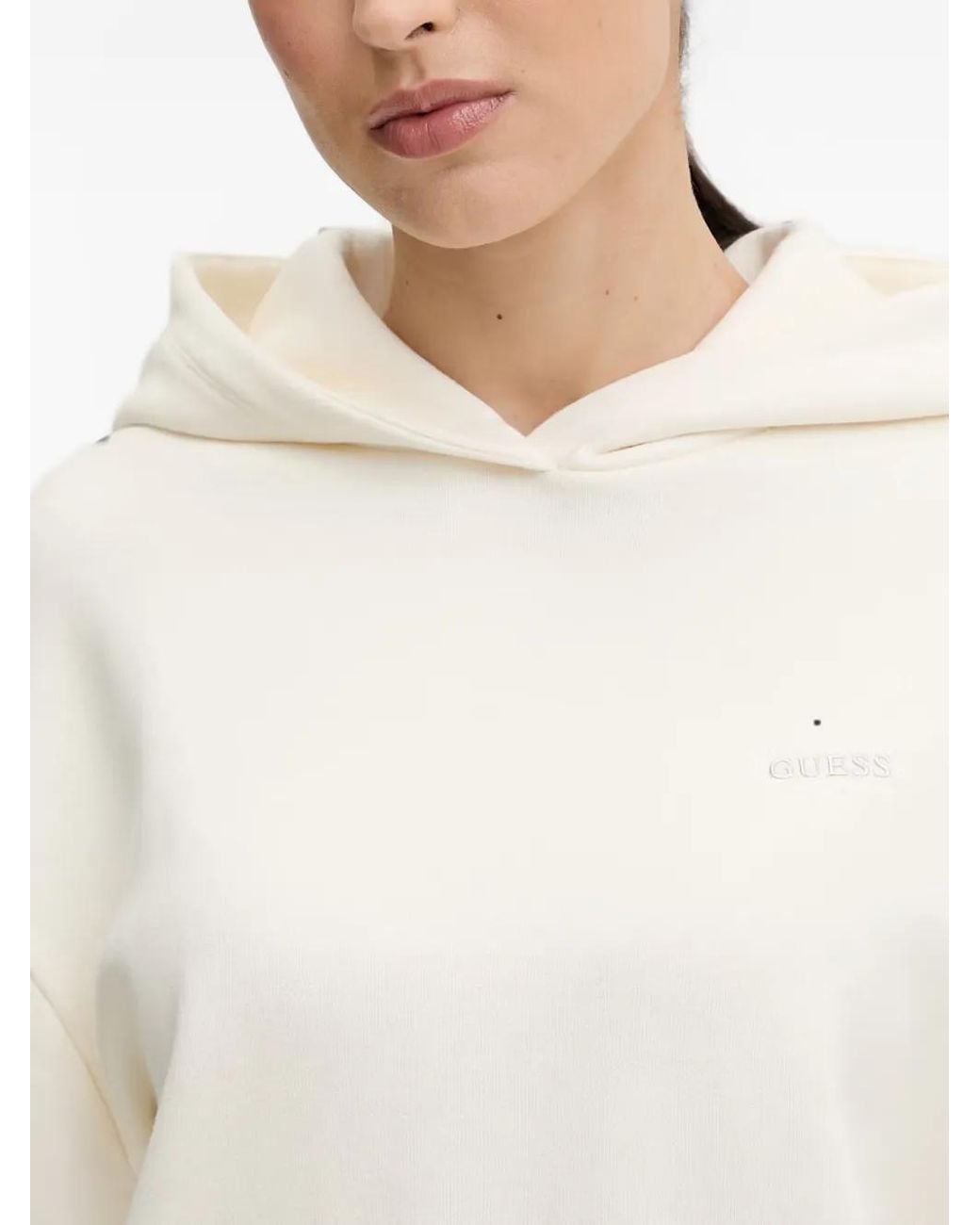 Guess White Logo-Embroidered Pouch-Pocket Hoodie