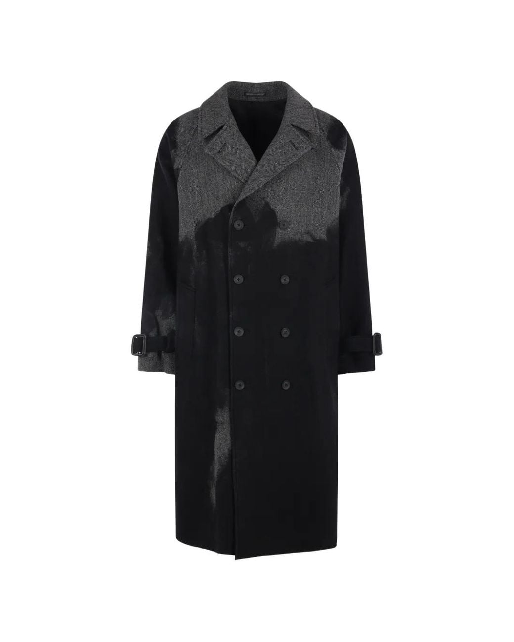 Yohji Yamamoto Black Herringbone-Pattern Double-Breasted Coat for men