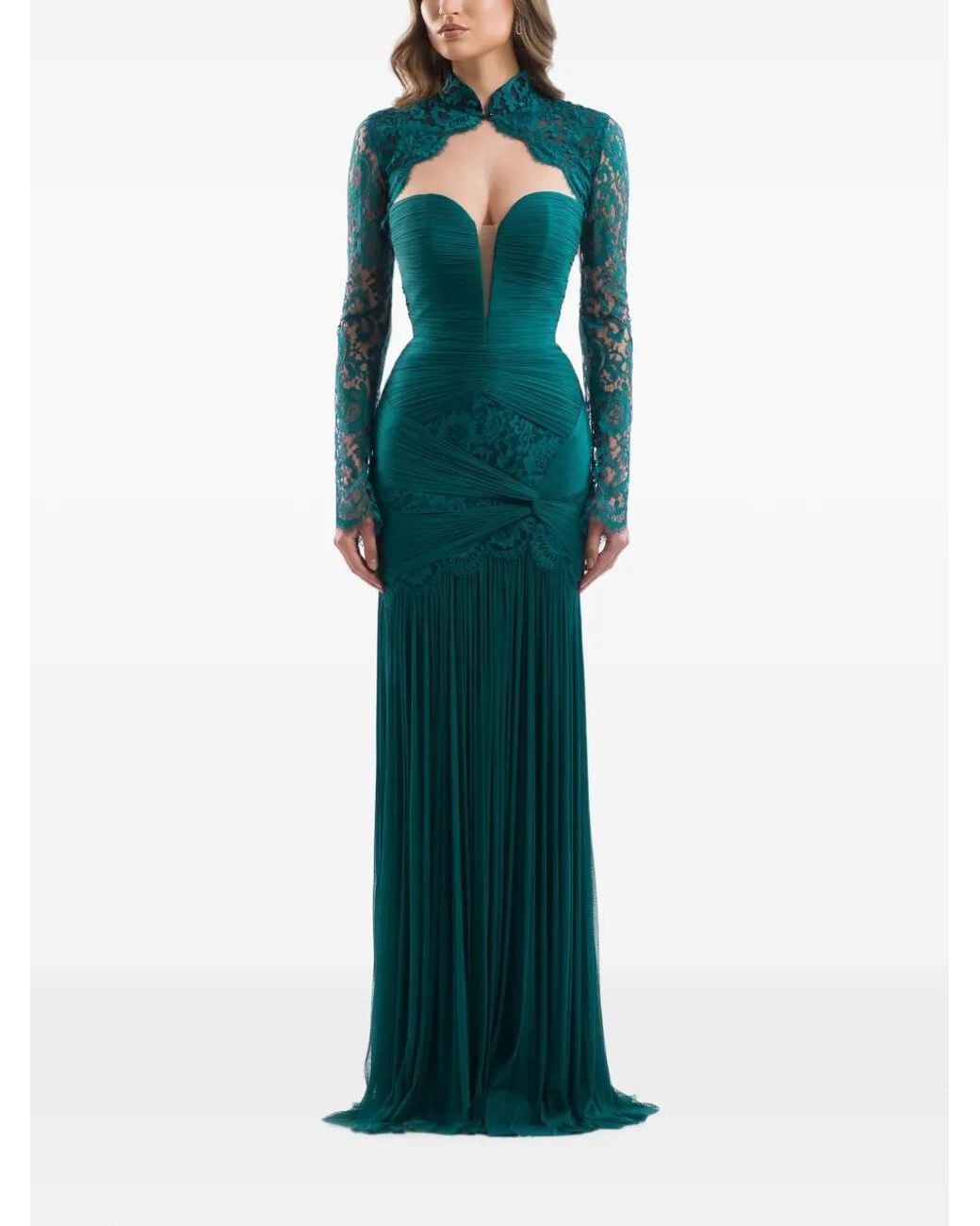 IMROSKA Green Forest Lace-Panelled Long-Sleeve Bolero Cardigan