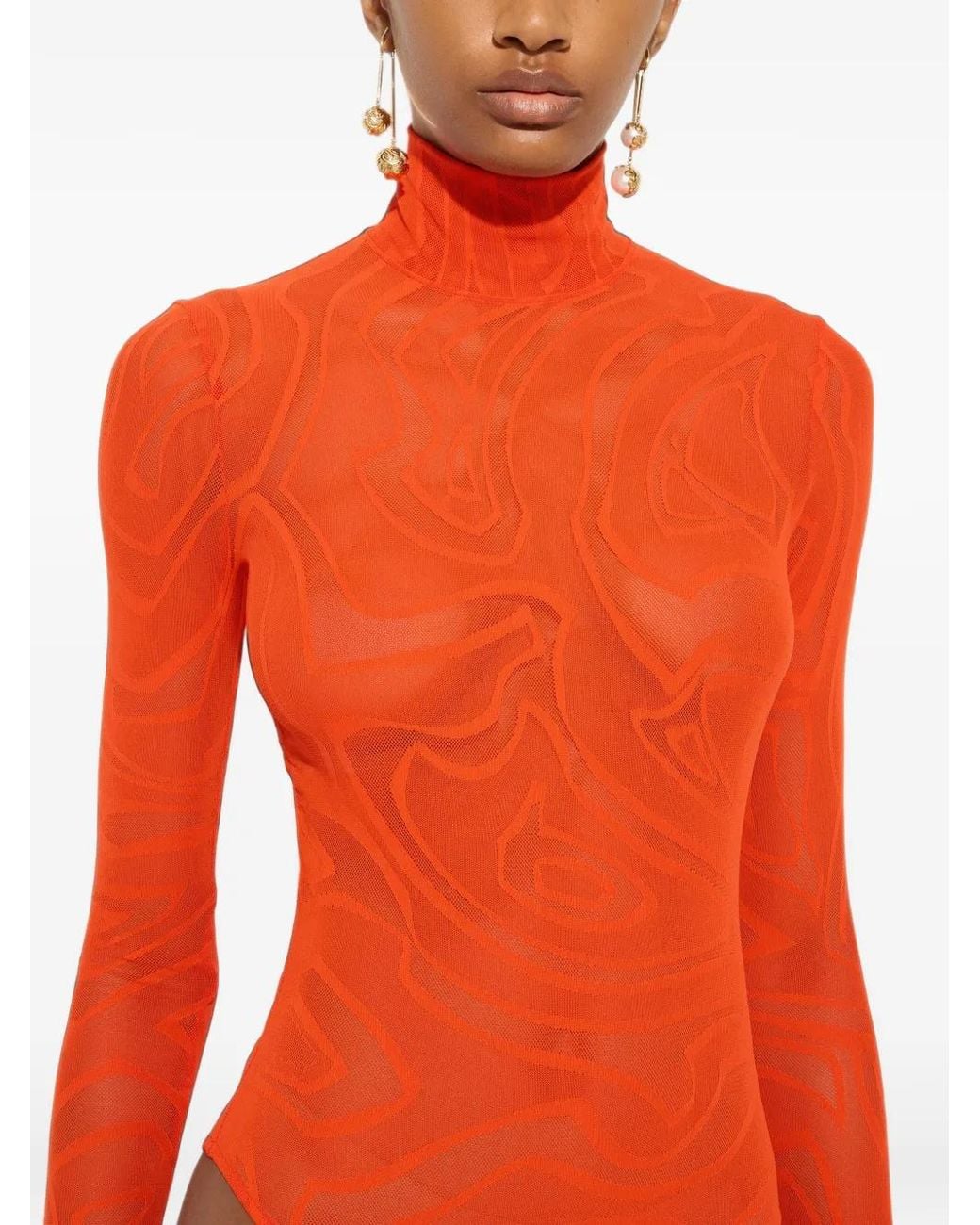 Emilio Pucci Orange High-Neck Jacquard Tulle Bodysuit