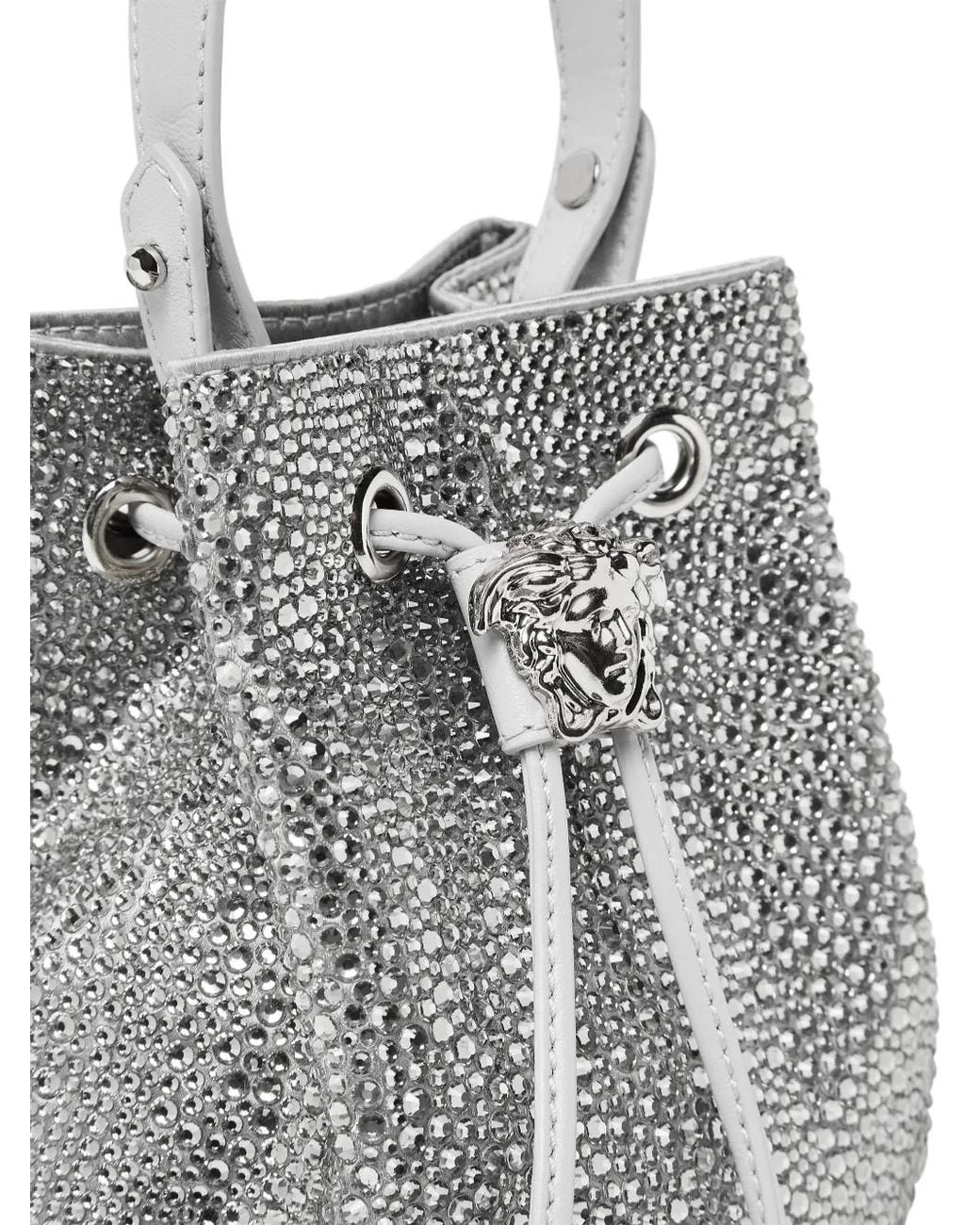 Versace White La Medusa Embellished Satin Mini Bucket Bag