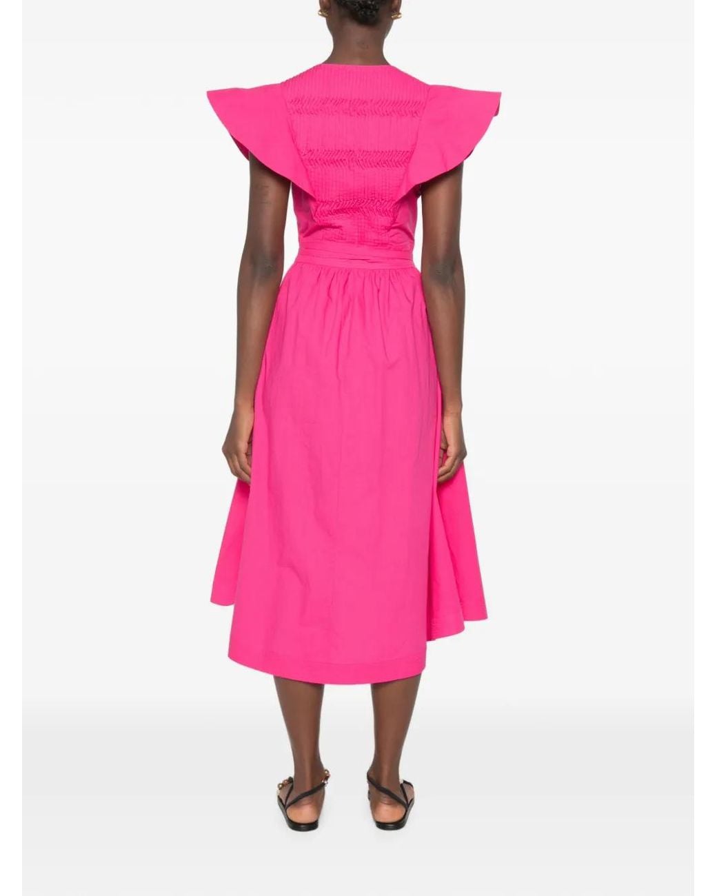 Mii Pink Lea Ruffled-Sleeves Midi Dress