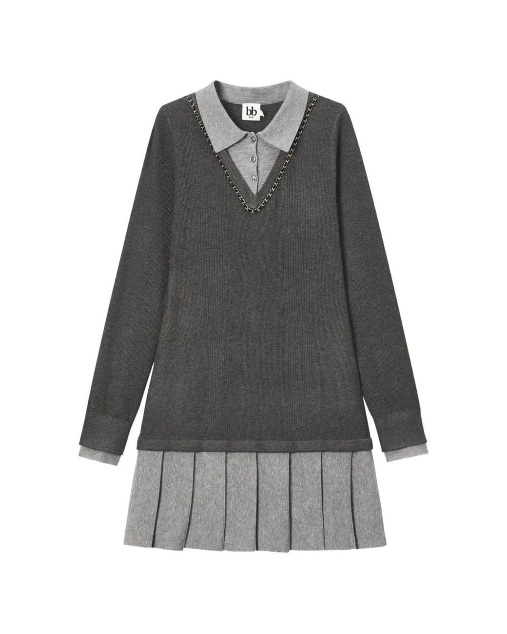 B+ AB Gray Chain-Embellished Pleated Mini Dress