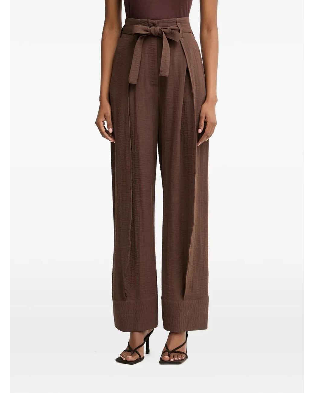 SIMONA CORSELLINI Brown Belted Crinkled-Effect Trousers