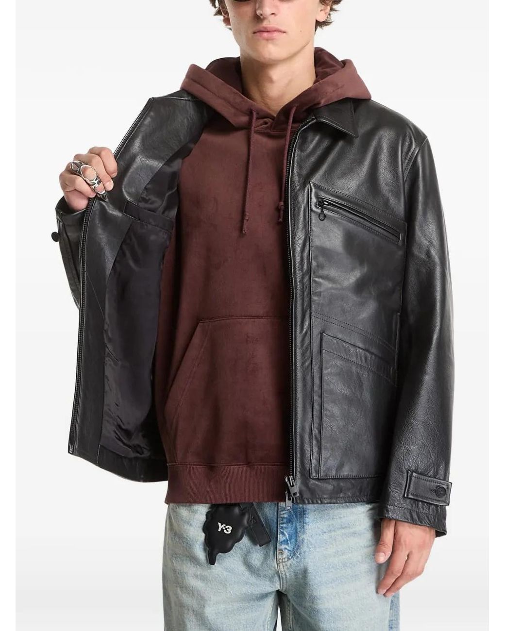 Y-3 Black Veste Zippée En Cuir for men