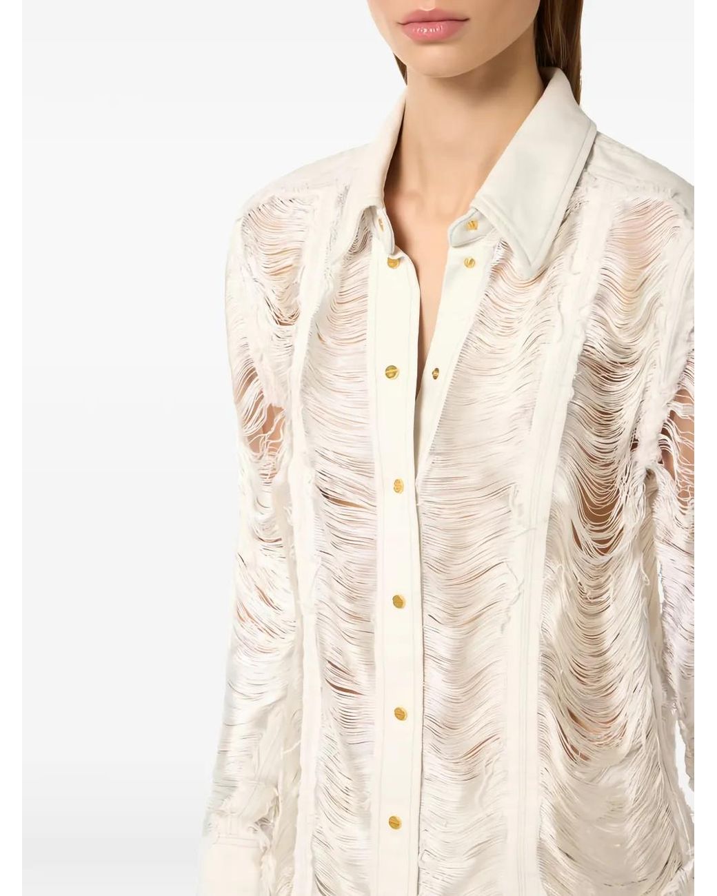 Elisabetta Franchi White Distressed Fringed Shirt