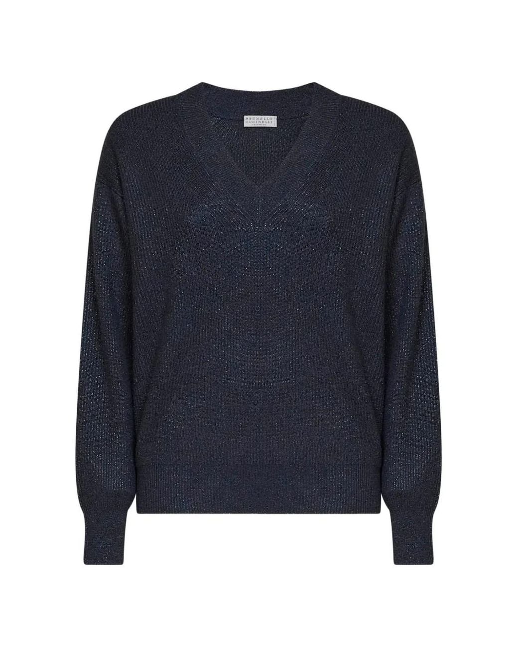 Brunello Cucinelli Blue Ribbed V-Neck Sweater