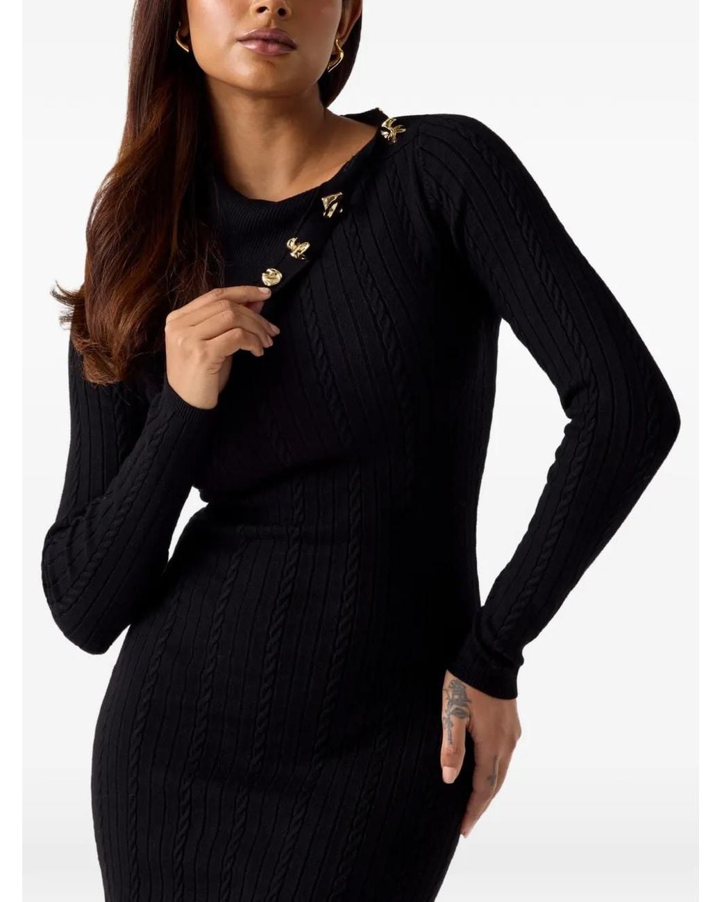 Guess Black Asymmetric-Neck Midi Dress