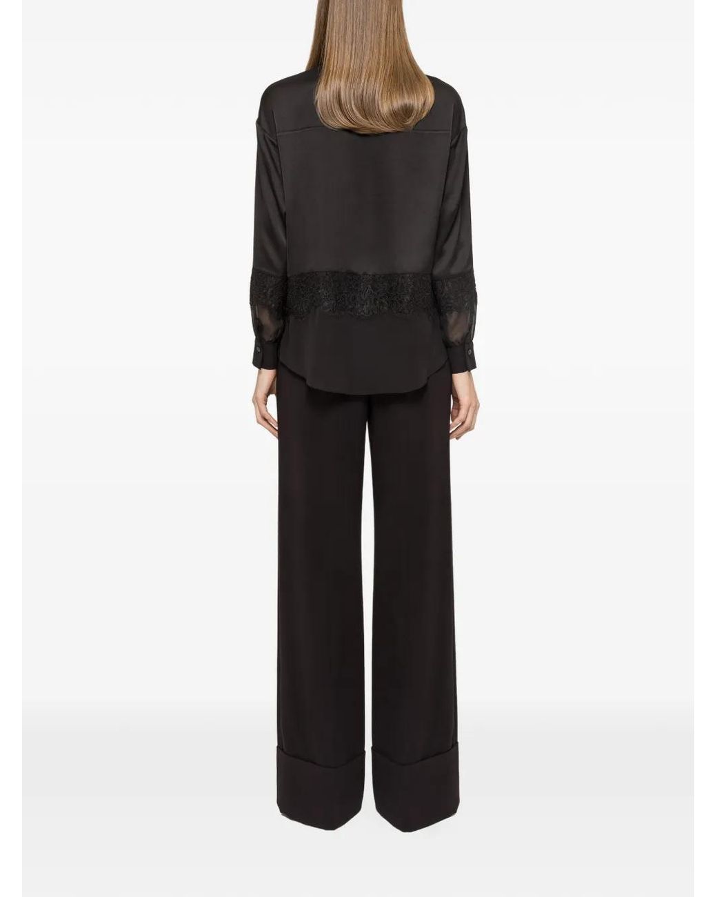 Nissa Black Lace-Panelling Satin Shirt