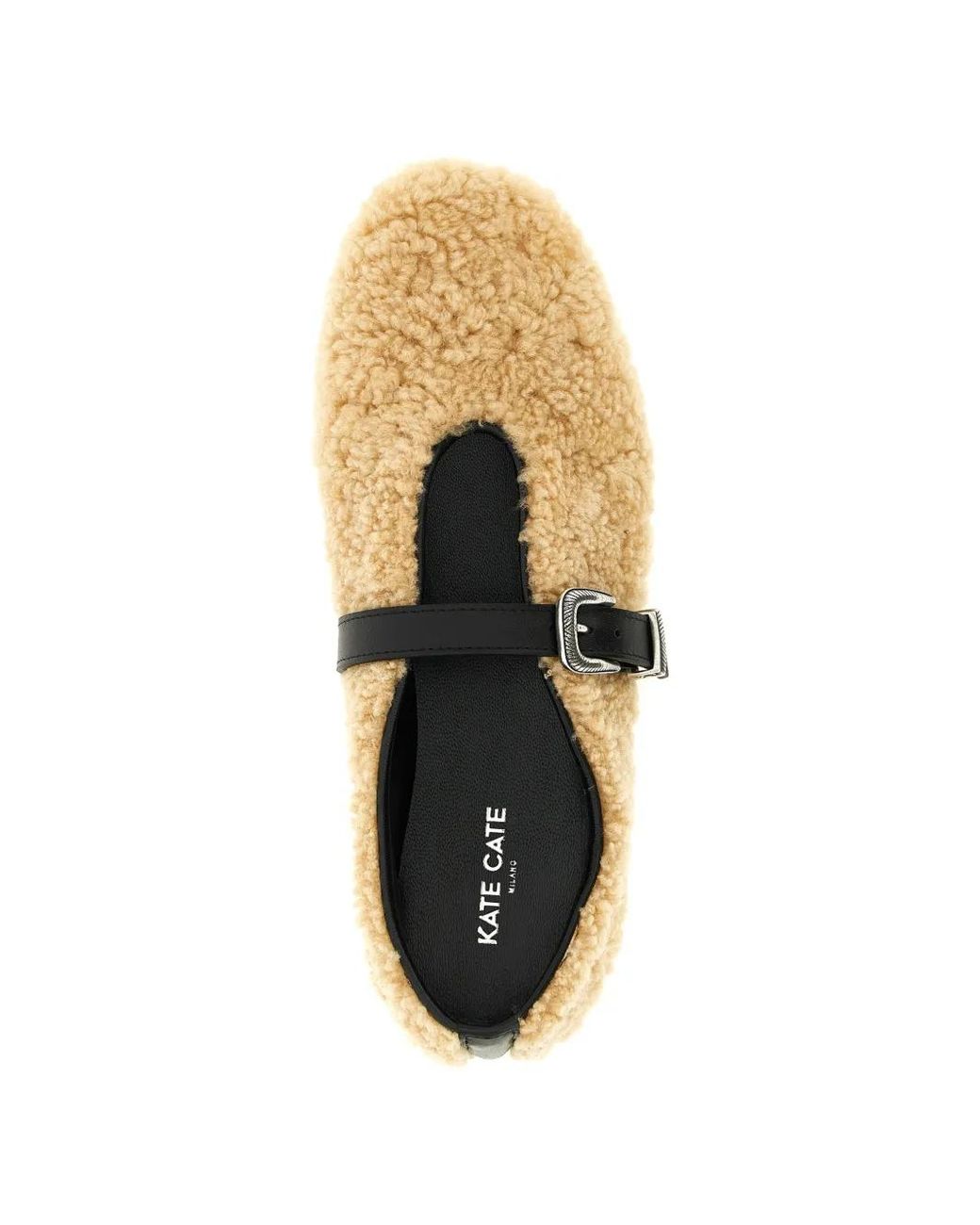 KATE CATE Natural Shearling Buckle Jude Ballet Flats