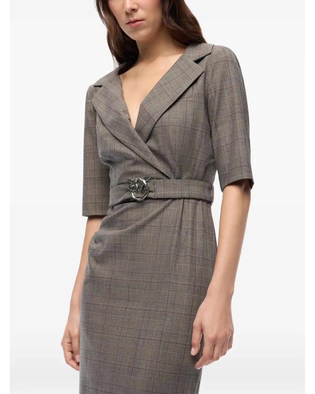 Pinko Natural Slim-Fit Check Wool Dress With Love Birds Belt