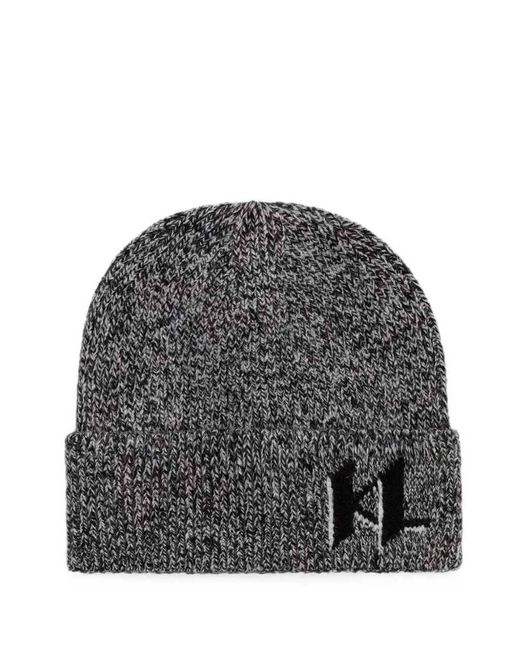 Karl Lagerfeld Gray Logo-Intarsia Knitted Beanie Hat for men