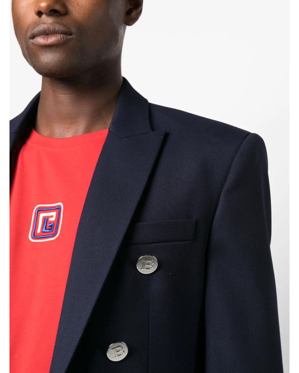 Balmain Blue Embossed-Button Double-Breasted Blazer for men