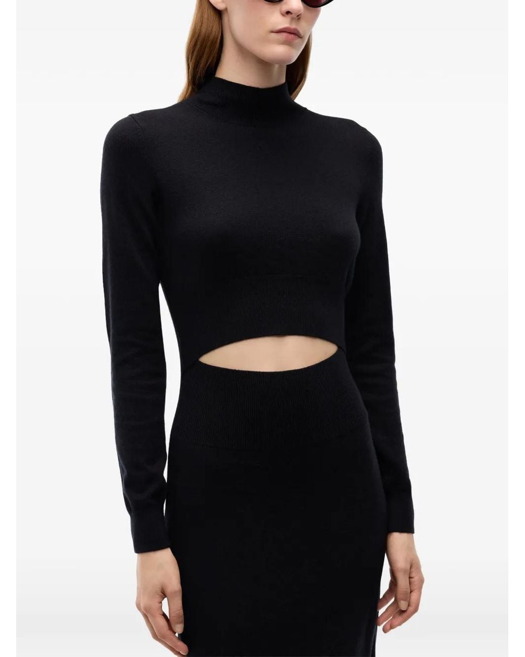 Pinko Black Robe Longue En Laine Mélangée Avec Découpe