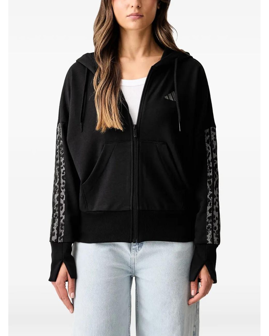 Adidas Black Leopard-Print-Stripe Hoodie
