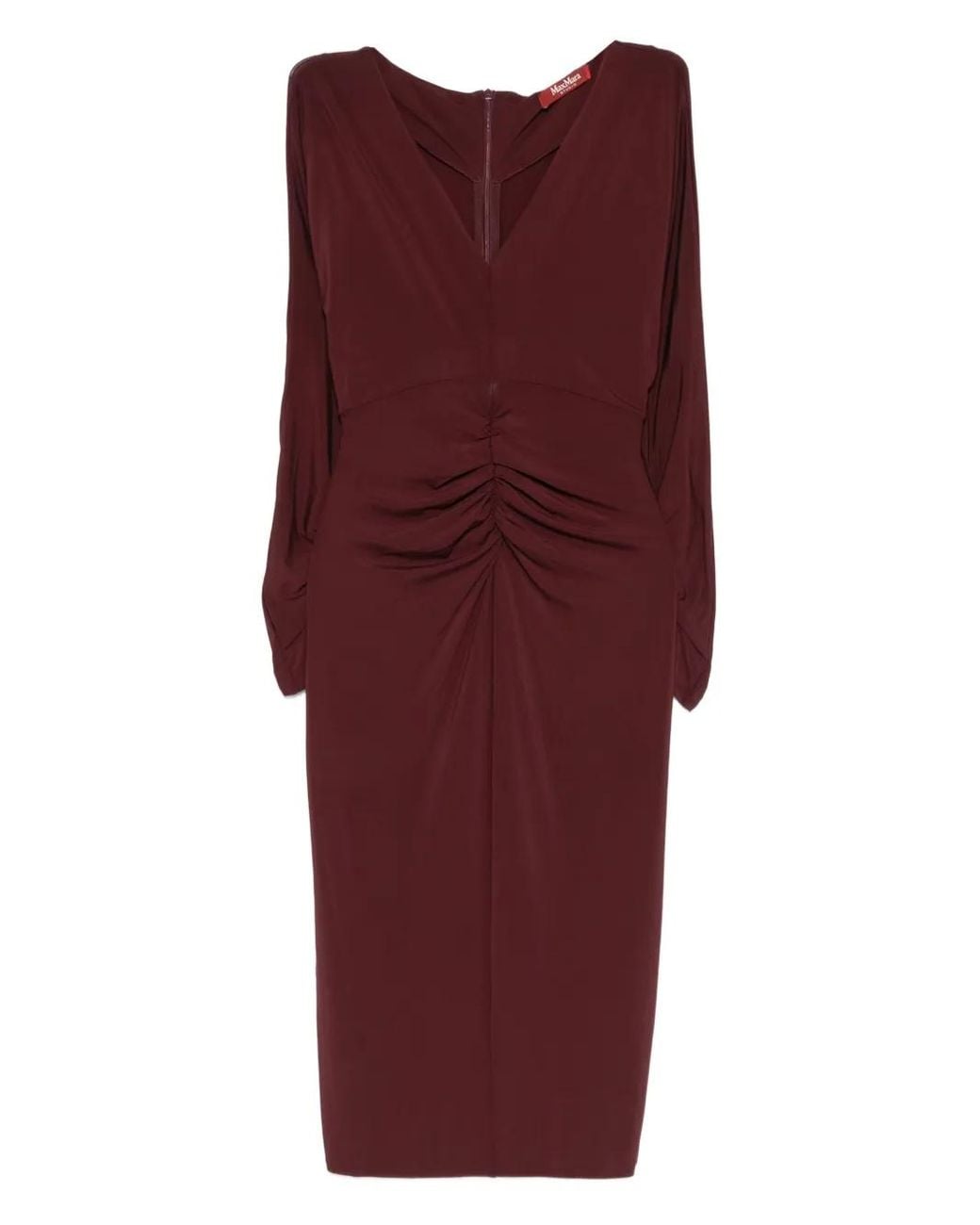 Max Mara Red Ruched-Detail Long-Sleeve Midi Dress