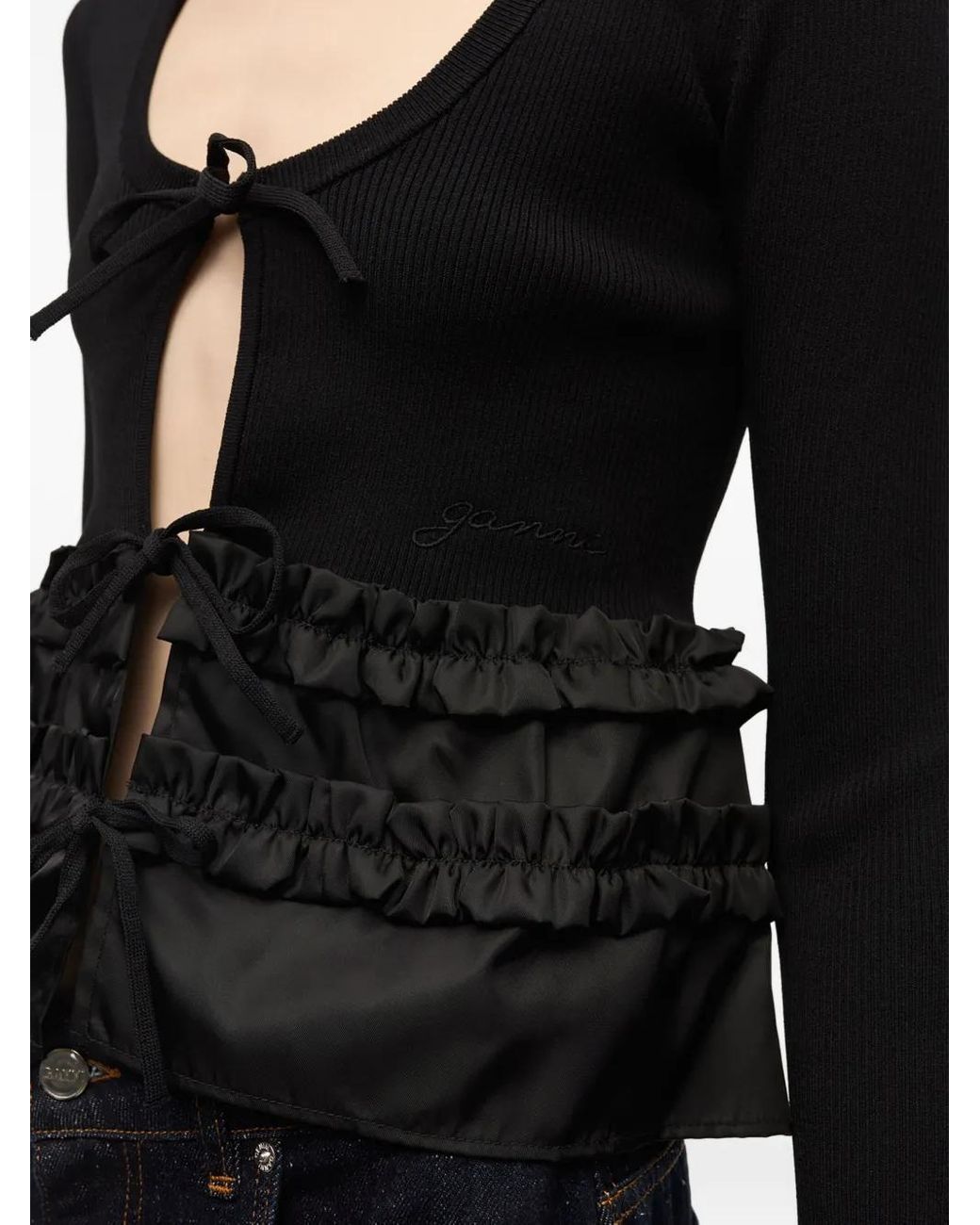 Ganni Black Ruffle-Hem Blouse