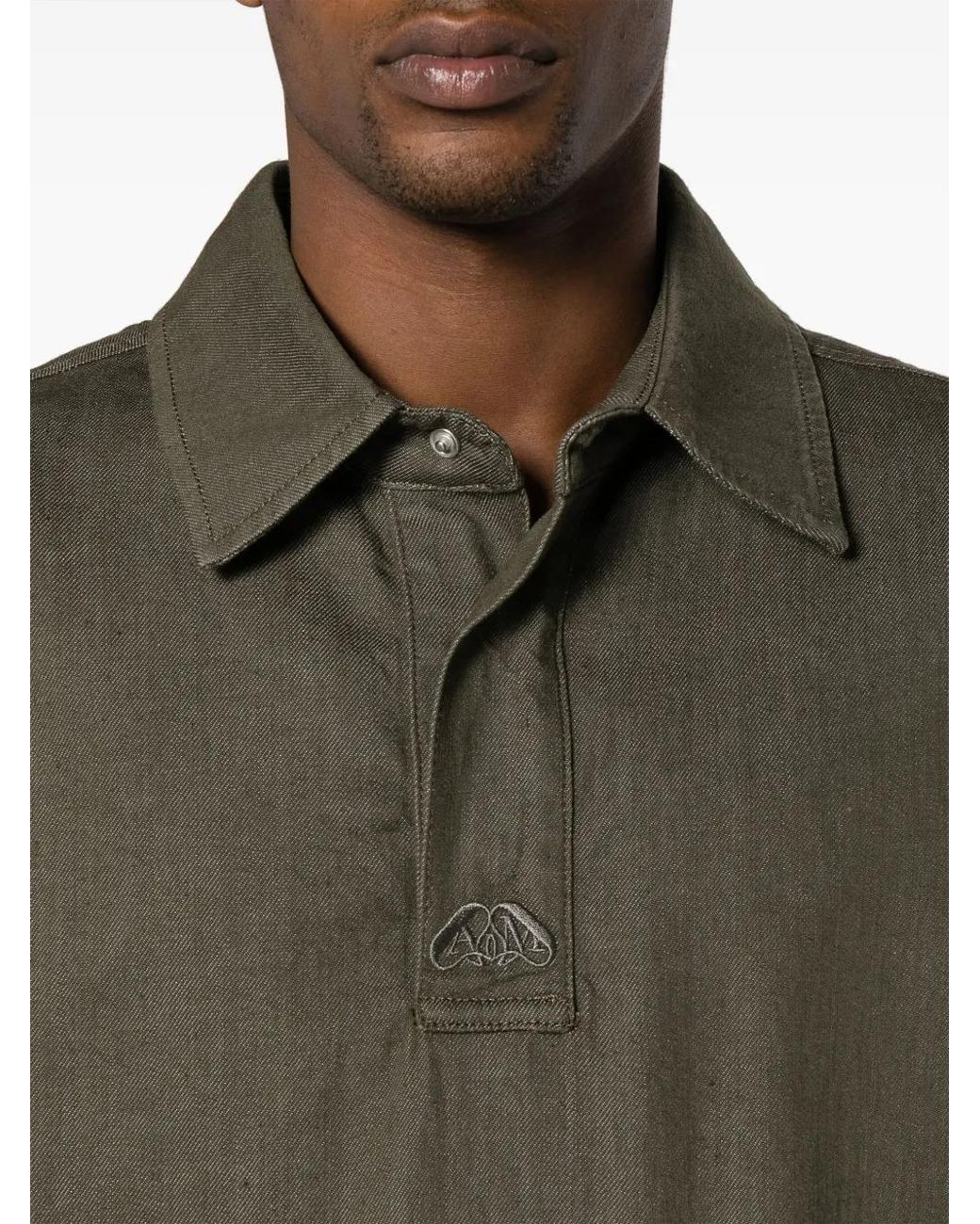 McQueen Gray Embroidered-Logo Denim Polo Shirt for men