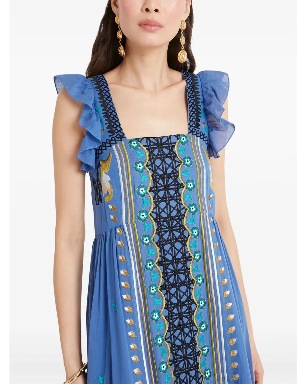 Temperley London Blue Embroidered Tiered Smocked Cotton Dress
