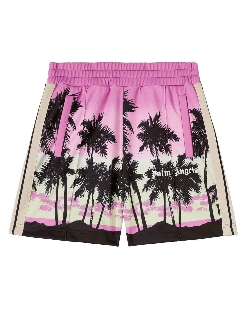 Palm Angels Pink Sunset-Print Striped Track Shorts for men