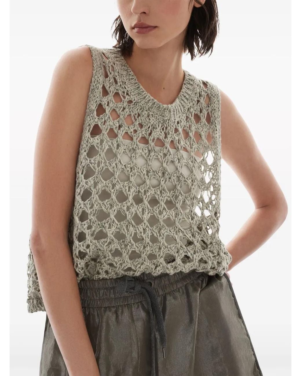 Brunello Cucinelli Gray Open-Knit Sleeveless Vest