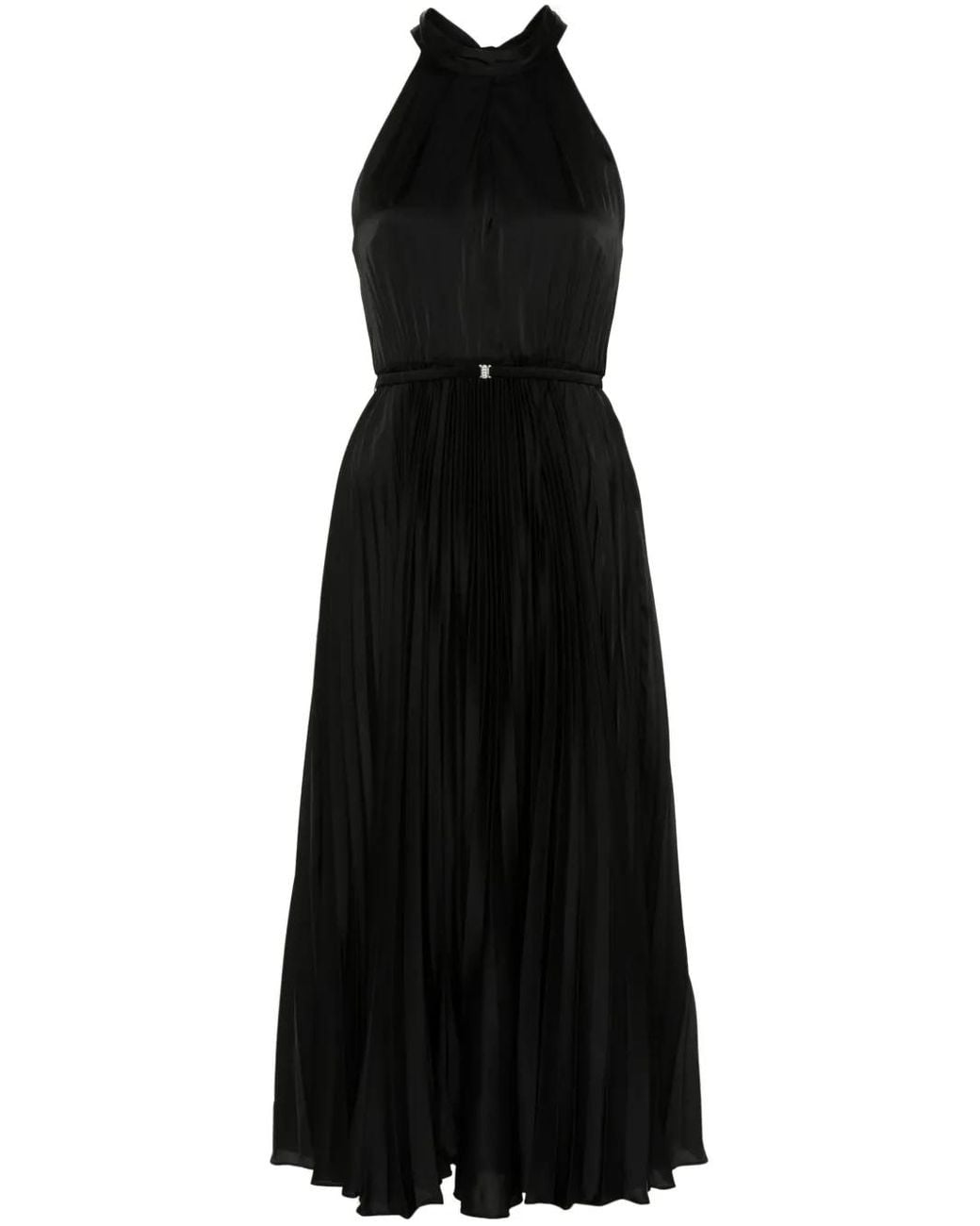 Nissa Black Pleated Satin Midi Dress
