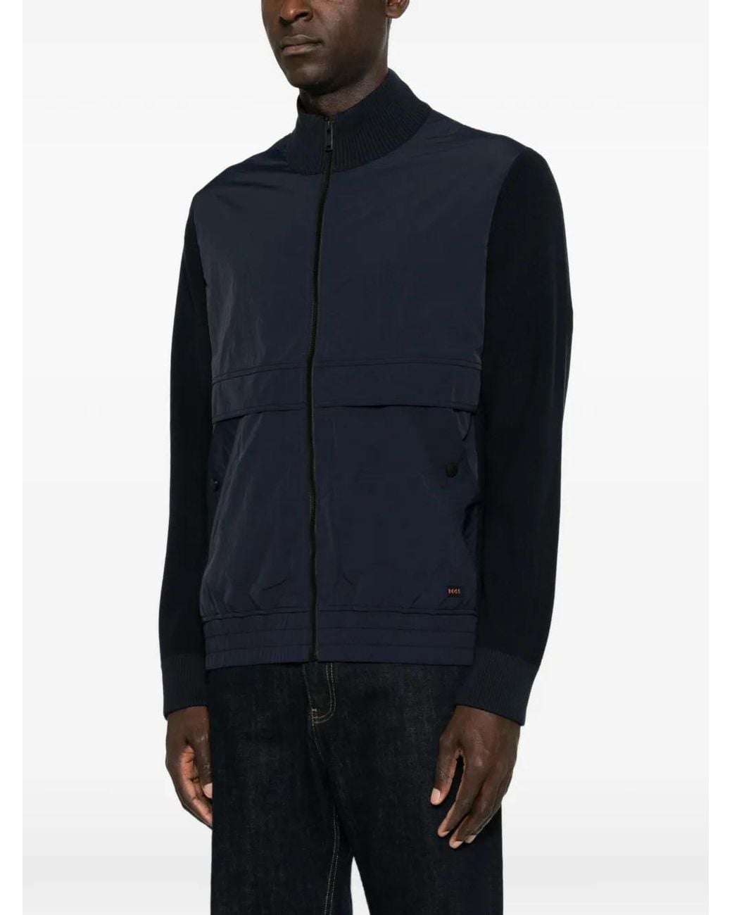 Boss Blue Knitted-Panel Zip-Up Jacket for men