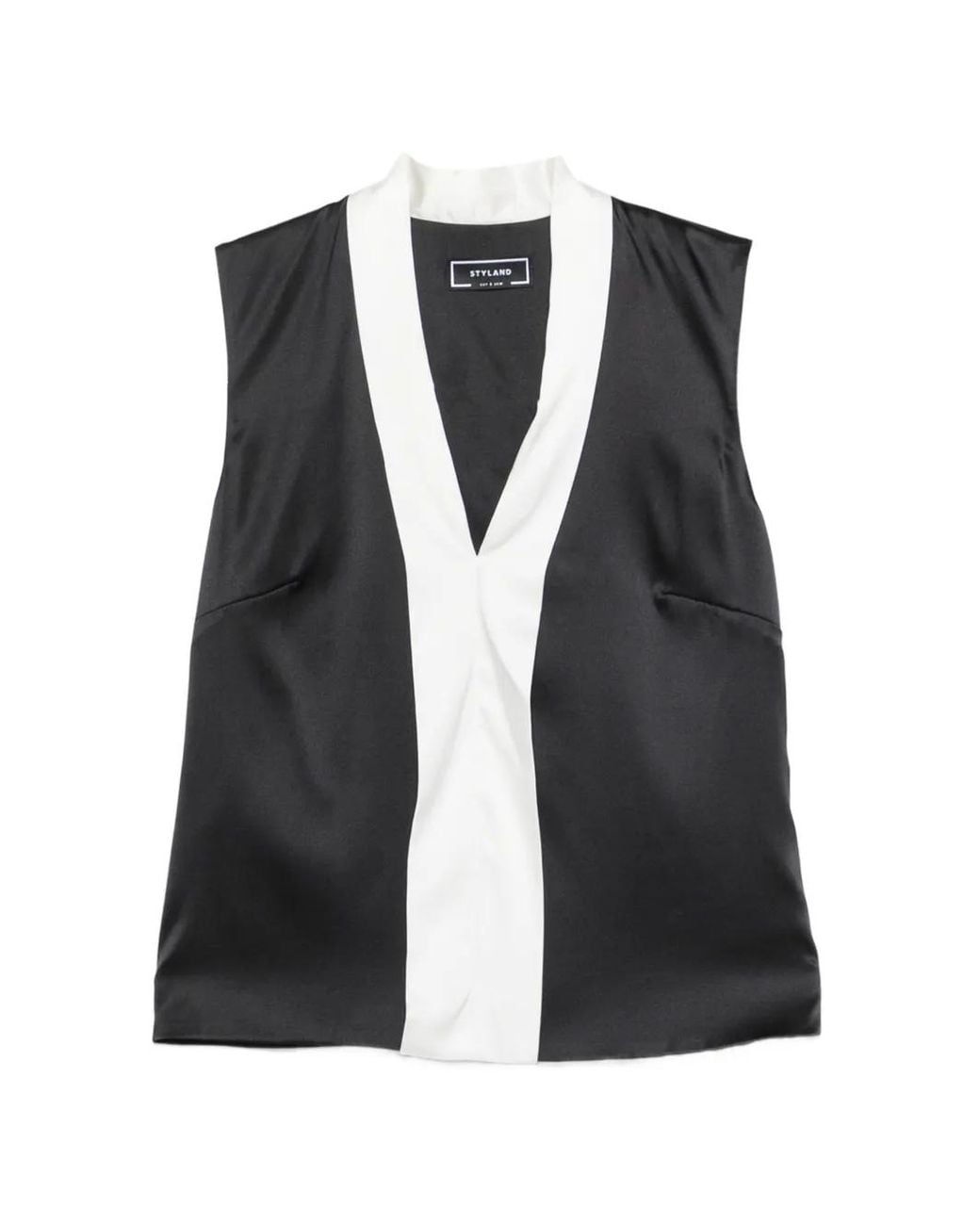 Styland Black Shawl-Collar Contrast Blouse