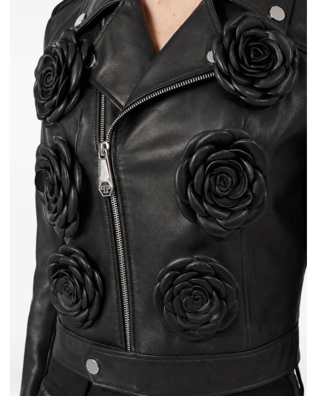 Philipp Plein Black Cropped Biker Jacket Flower