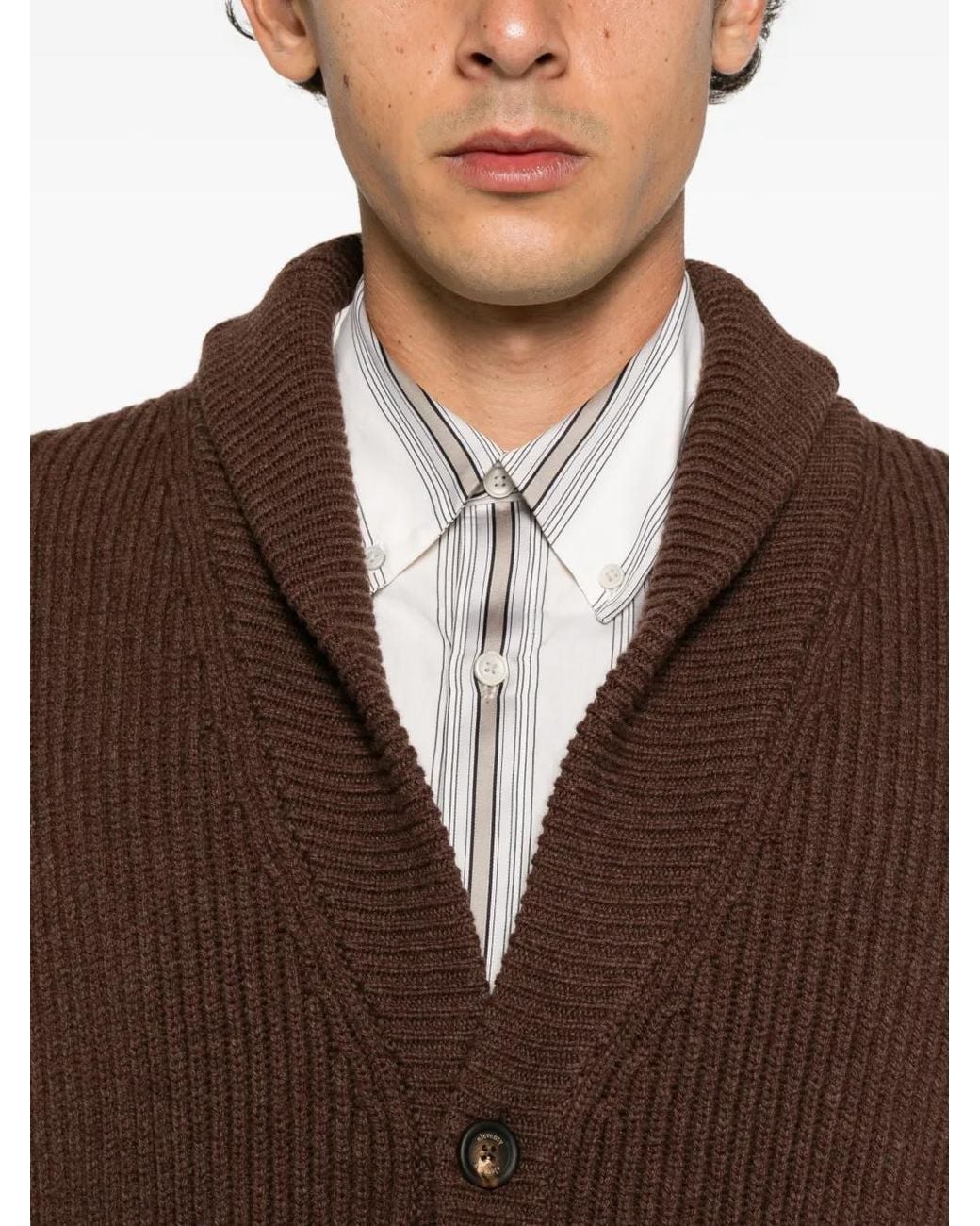 Eleventy Brown Ribbed-Knit Shawl-Collar Cardigan for men