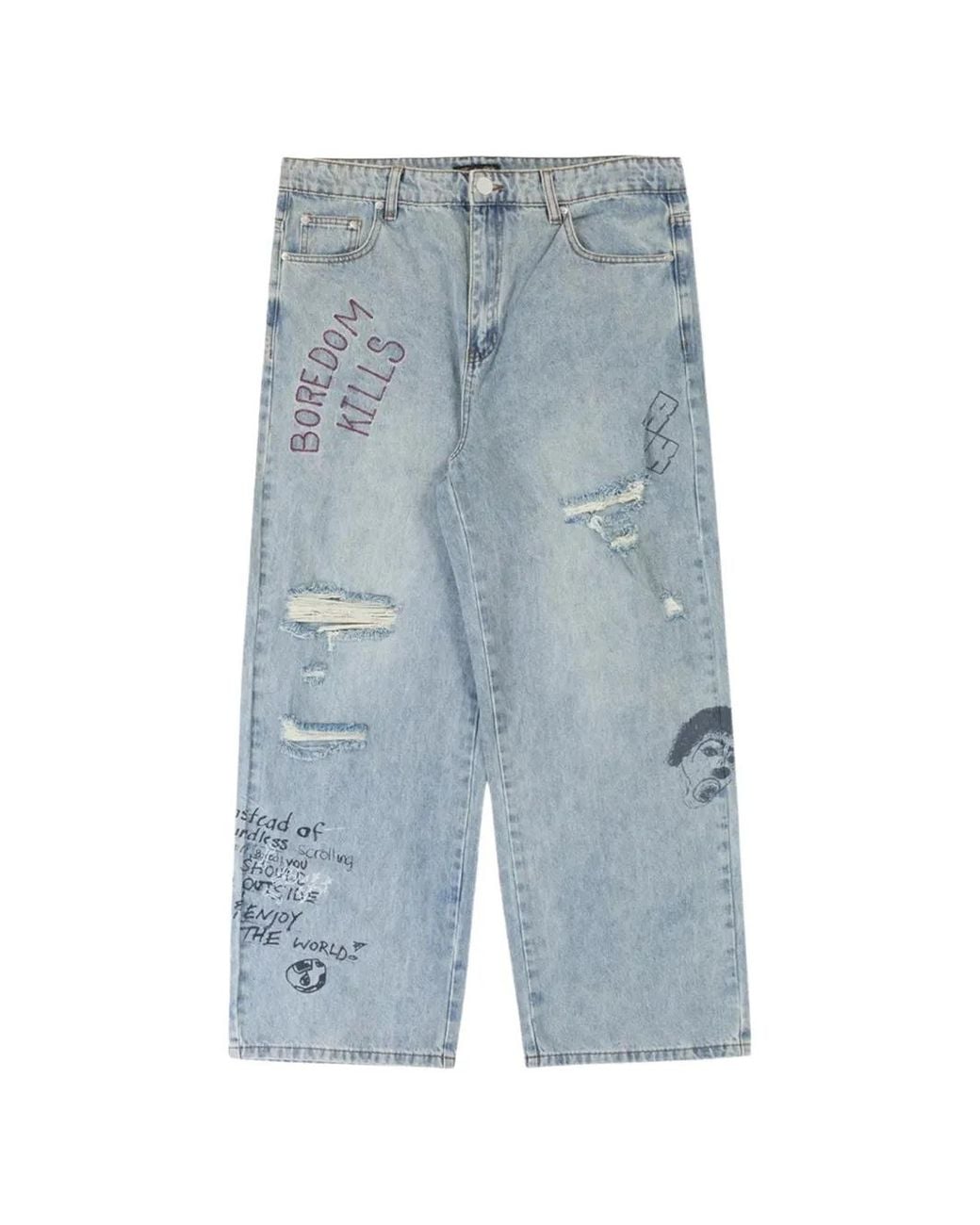 Boredom Kills Blue Scribble Distressed Jeans for men